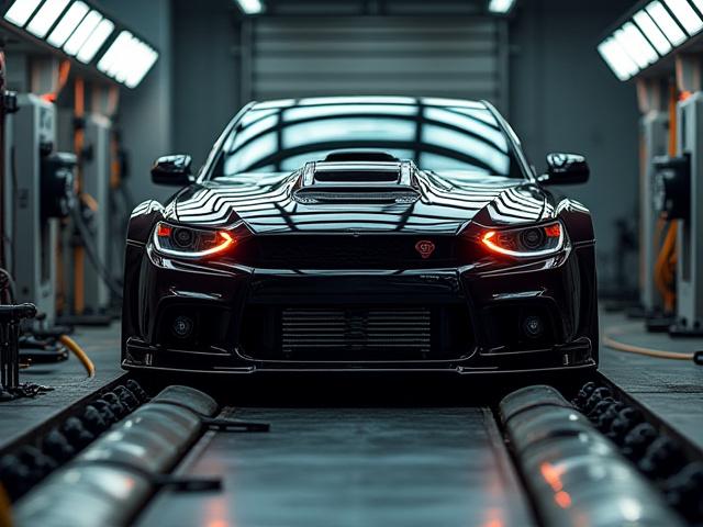 Vista frontal de un vehículo de alto rendimiento en el dinamómetro
