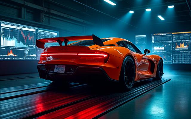 Coche de alto rendimiento en un dinamómetro, con gráficos de potencia en pantalla